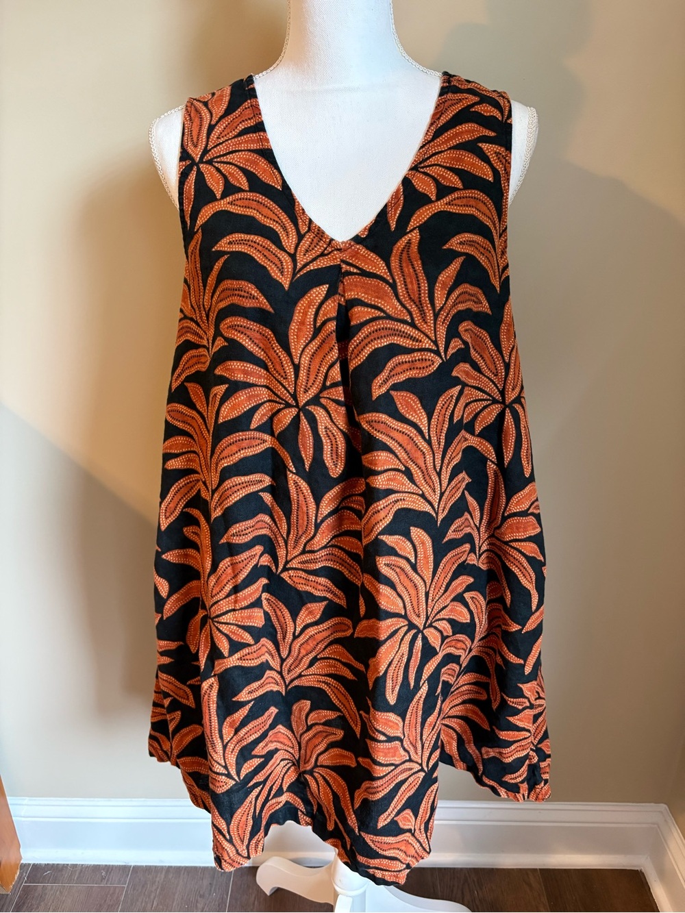 Rachel Zoe Sleeveless V-Neck Black & Orange Tropical Women's dress 100% linen